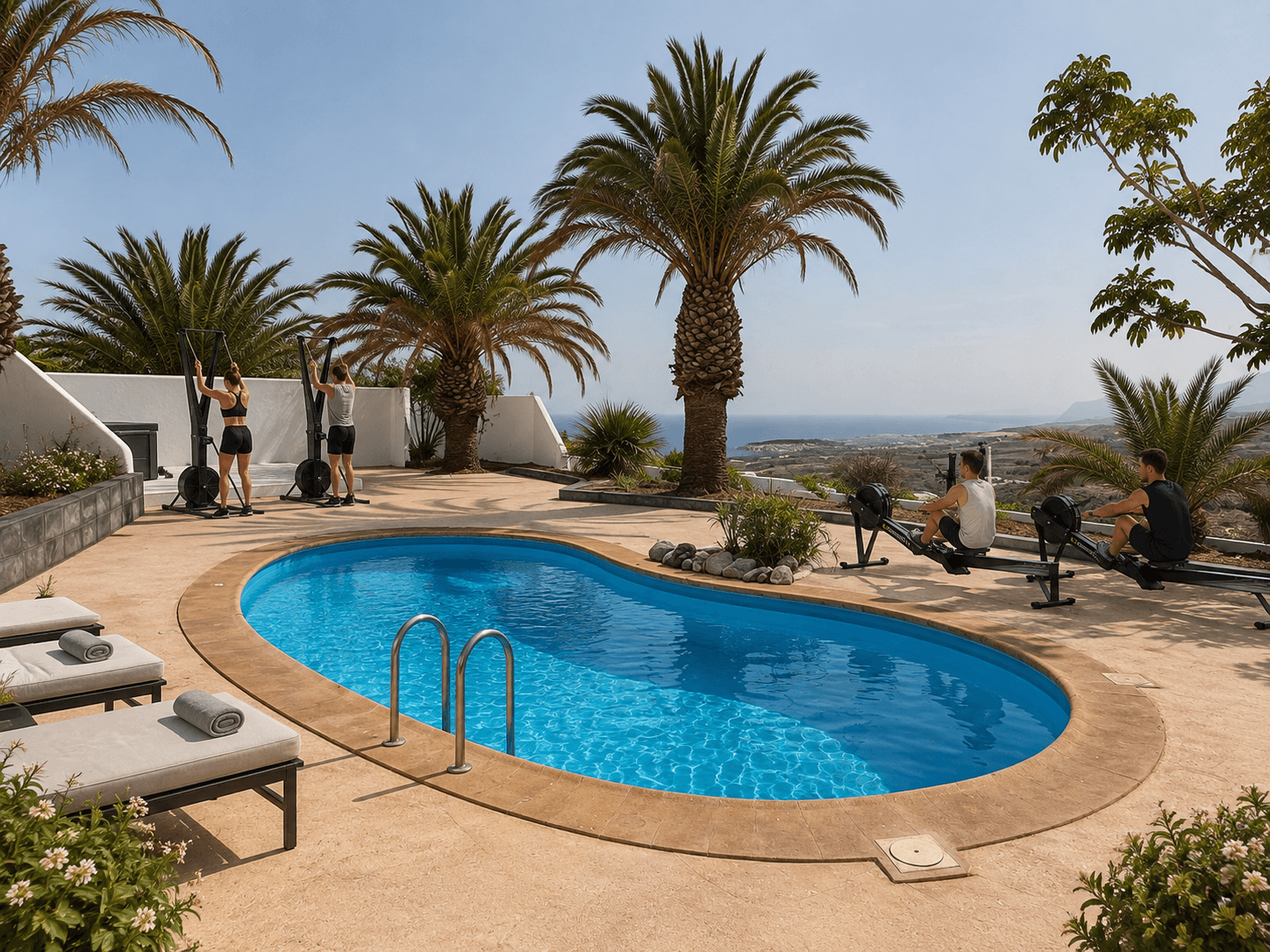 Hybrid House Tenerife pool training area with ocean view by Reiseathleten