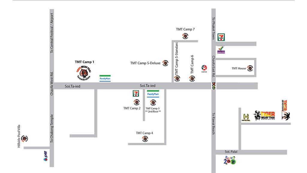 Karte aller Unterkünfte von Tiger Muay Thai - Fitnessurlaub für Reiseathleten